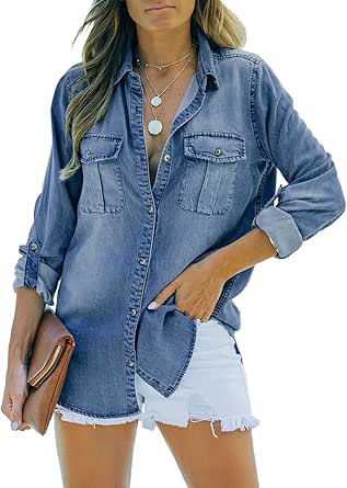 Sidefeel Women's Denim Tops Long Sleeve Shacket Jackets Button Down Collared Jean Shirt