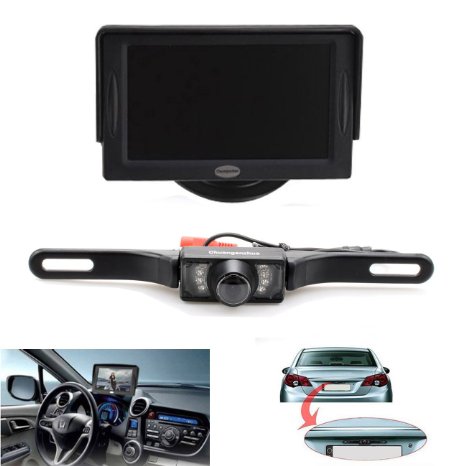 Backup Camera and Monitor Kit For CarUniversal Waterproof Rear-view License Plate Car Rear Backup Camera  43 LCD Rear View Monitor