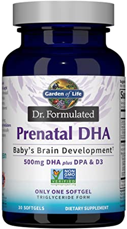 Garden of Life Dr. Formulated Prenatal DHA Fish Oil - 500mg DHA & DPA in Triglyceride Form 100% DV Vitamin D3, Single Source, Mercury Free Omega 3 DHA Supplements for Women's Health, 30 Softgels