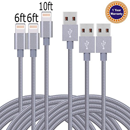 Jricoo 2PCS 6FT 1PCS 10FT Lightning Cable Popular Nylon Braided Charing Cable for iphone 7,7plus,iphone 6s, SE, 6s plus, 6plus, 6,5s 5c 5,iPad Mini, Air,iPad5,iPod.New Version(Gray)