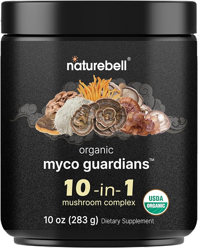 NatureBell Organic Myco Guardians 10 in 1 Mushroom Powder, 10oz | Fresh Superfood Mushrooms Complex – Lions Mane, Turkey Tail, 8 More | Immune Booster & Brain Health Supplement | No Fillers