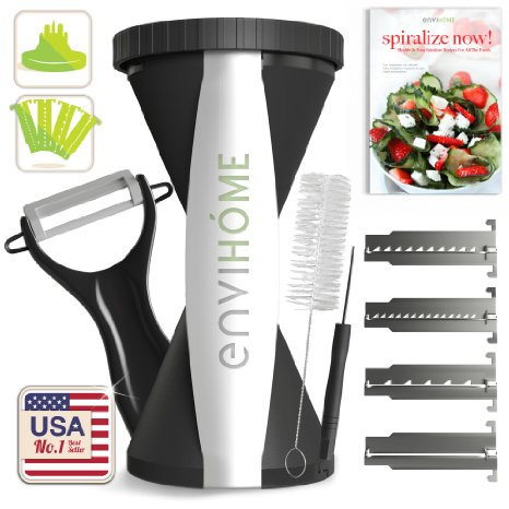 All-New 4-in-1 enviHome Vegetable Spiralizer Super Zoodle Maker - The Best 4-Blade Veggie Spiral Cutter Available in 2016 - Zucchini Spaghetti Pasta Noodle Slicer with Redesigned Cap & Ceramic Peeler
