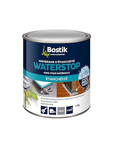 Bostik Membrane d'Étanchéité Waterstop – Jointe, Colle, Rebouche – Réparation de Fuites, Infiltrations, Fissures – Tous Matériaux – Directe Sans Primaire – MS Polymère – Gris – Pot 1 kg