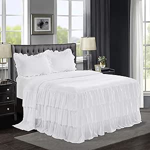 HIG 3 Piece Echo Ruffle Skirt Bedspread Set - Color 30 inches Drop Ruffled Style Bed Skirt Coverlets Bedspreads Dust Ruffles- Bedding Collections Queen Size-1 Bedspread, 2 Standard Shams (White, Queen)