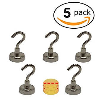 Neodymium Magnetic Hooks (5 PACK - 50% MORE) Incredibly Strong 30+ LB Strength Hook Magnets - Heavy Duty - Powerful Rare-Earth Metal Neodymium Magnet Perfect for Hanging Tools , Utilizels, & More!