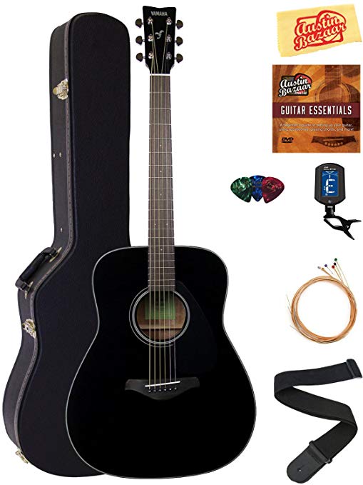 Yamaha FG800 Acoustic Guitar - Black Bundle with Hard Case, Tuner, Strings, Strap, Picks, Austin Bazaar Instructional DVD, and Polishing Cloth