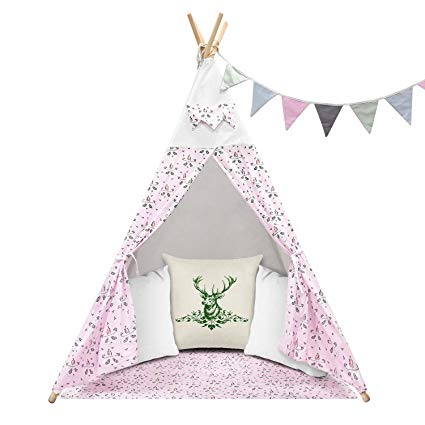 Jadlisea Teepee Tent for Kids, Indian Play Tent for Indoor Outdoor, Childrens Playhouse Tent with Banner & Floor Mat & Carry Case, Cotton Canvas Princess Tipi Wigwam for Girls and Boys (Pink)