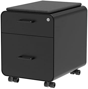 Monoprice Round Corner 2-Drawer File Cabinet - Black, Lockable with Seat Cushion - Workstream Collection (137880)