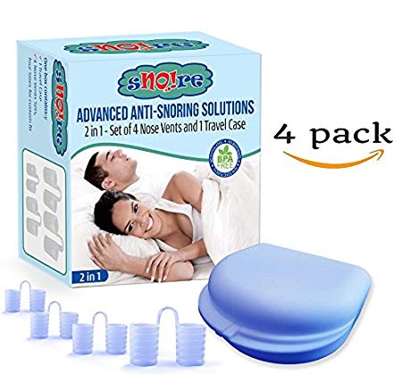 SNO!re: The Original 2 in 1 Premium Anti Snoring Devices; Set of 4 Nose Vents Cones and 1 Travel case; Sleep Aid Solution for Ease Breathing, Maximizes Airflow, Prevents Snoring and Snore Stop