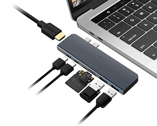 7-Port USB-C/Type C Hub Adapter for MacBook Pro/MacBook Air - Thunderbolt 3, USB C, 2 x USB A 3.0, 4K HDMI and SD/Micro SD Card Slots