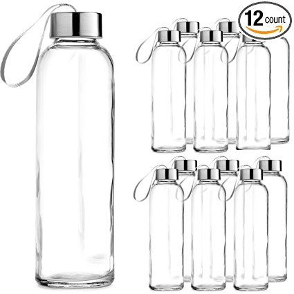 Chef's Star Glass Water Bottle 12 Pack 18oz Bottles For beverages and Juicer Use Stainless Steel leak proof Caps With Carrying Loop - Including 12 Black Nylon Protection Sleeve