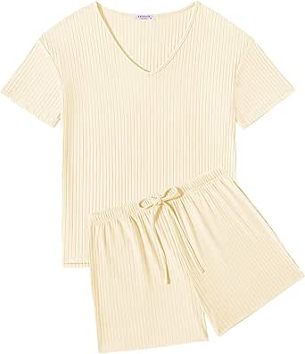 Ekouaer Womens 2 Piece Lounge Sets Shorts Pajama Sets Short Sleeve Sleepwear Ribbed Knit Outfits PJ Sets