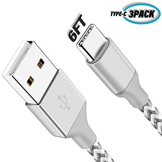 BULESK USB Type C Cable 3Pack 6FT 6FT 6FT USB C Cable Nylon Braided Fast Charger Cord for Samsung Galaxy Note 8 S8 Plus/LG G6 V20 G5/ Pixel/Nexus 6P 5X - Grey White