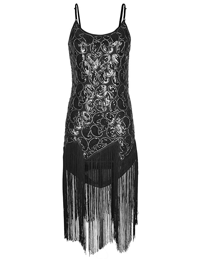 KAYAMIYA Women's 20S Sequin Paisley Fringe Gatsby Flapper Midi Long Dress