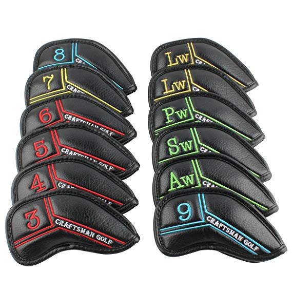 Craftsman Golf Black Pu Leather Iron Head Covers Headcover Set with Colorful No. (5 Fit Titleist, Callaway, Ping, Taylormade, Cobra, Nike, Mizuno, Etc.