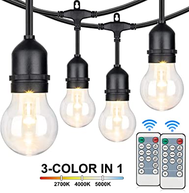 3-Color in 1 Outdoor LED String Lights with Remotes, 48FT Dimmable LED Edison String Light Waterproof, Warm White Daylight White Shatterproof Patio Light String for Café Bistro Pergola Backyard Garden