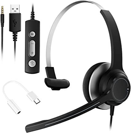 Computer USB Headset with Microphone Noise Cancelling, Single-Sided 3.5mm&Type C Headphone with Boom Mic, Inline Volume Control&Mute, Wired PC Headset with Mic for Cell Phone, Laptop, Skype, Ms Teams