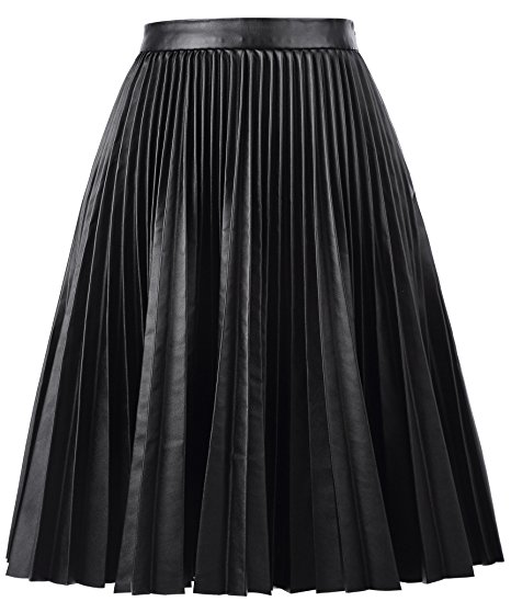 Kate Kasin Women's Pleated Faux Leather Flared A-Line Skirt KK0000608