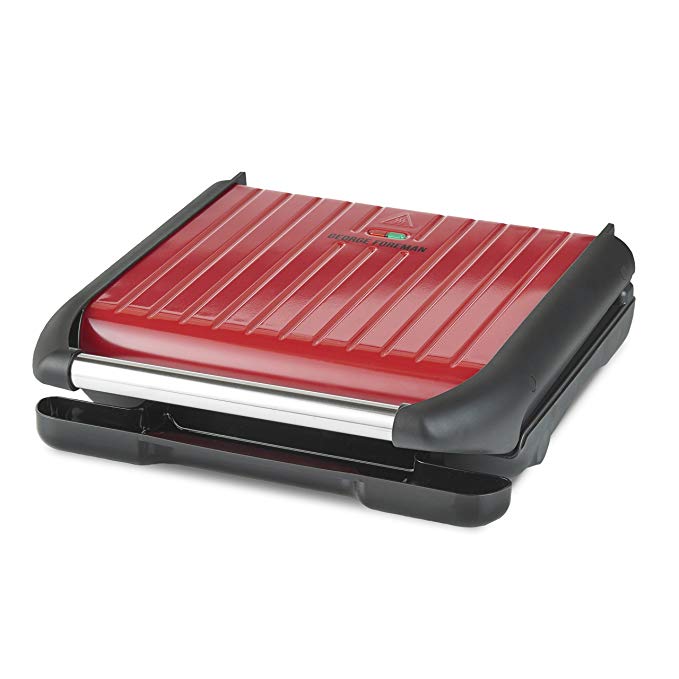 George Foreman 25050 Steel Health Grill, Seven Portion Grill with Adjustable Rear Foot, Non-Stick Plates and Vertical Storage, Red