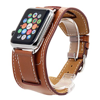 Apple Watch Band, V-MORO 42mm Genuine Leather Smart Watch band Replacement With Adapter Metal Clasp for Apple Watch iWatch All Models--Cuff Bracelet brown 42mm