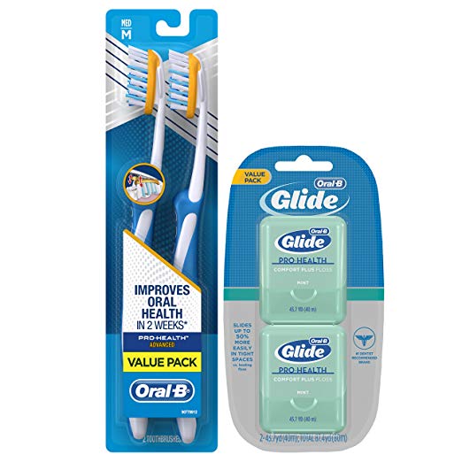 Oral-B Glide Pro-Health Comfort Plus Mint Flavor Floss Twin Pack 80 M & Oral-B Pro-Health Clinical Pro-Flex Medium Toothbrush, 2 Count, (Colors May Vary)  Bundle