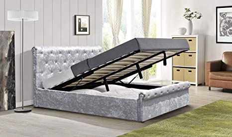 Comfy Living Crushed Velvet Diamante Chesterfield Ottoman Sleigh Bed Frame in Silver 3ft 4ft6 5ft (3ft Single, No Mattress)