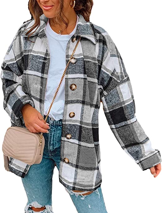 Yeokou Women's Casual Woolen Long Sleeve Button Down Plaid Shacket Shirt Jacket Tops