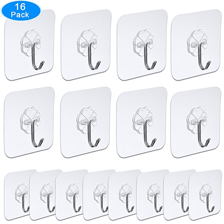 AUSTOR Pack of 16 Adhesive Wall Hooks 7cm x 7cm Heavy Duty Transparent Hooks for Kitchen Bathroom Door Ceiling Hanger 22 Pound/10 KG