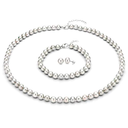 Sterling Silver 8-8.5mm White Freshwater Cultured Pearl Necklace 18" 2", Bracelet 7", Stud Earrings