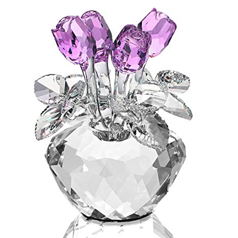 H&D Purple Crystal Rose Bouquet Flowers Figurines Ornament with Gift Box