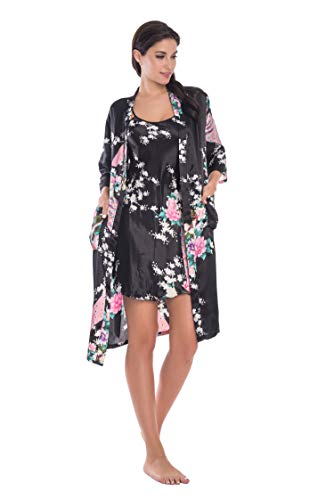 KimonoDeals Women's dept Gorgeous Loungewear Bathrobe Camisole Robe Nightgown 2PC Sleepwear Set