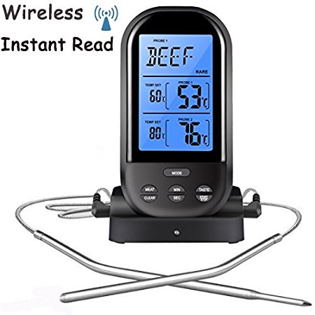 AIDERLY Digital Meat Thermometer with Waterproof Dual Probe, Wireless Remote Thermometer Instant Read Food Thermometer for BBQ, Oven, Smoker, Grill