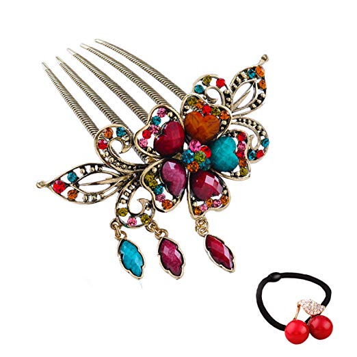 eKoi - Korean Palace Tradition Collection - Retro Vintage Color Rhinestone Hair Pieces Stick Barrette Alligator Clip Snap Ornament Pin Accessory Band for Women Girl (Flower Hair Comb)