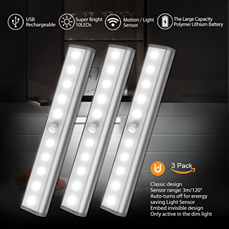 Motion Sensor Cabinet Led Light, USB Rechargeable 3 Modes Switch(G,ON and OFF) Magnetic Stick On Anywhere Outdoor Portable Night Light Lamp Bulb Lighting Bar for Closet Wardrobe (3 Pack 10LED, Silver)
