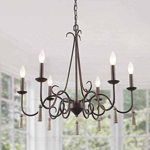 LALUZ Rustic French Country Chandelier, 6 Lights 26.4” Farmhouse Chandelier with Wood Droplets