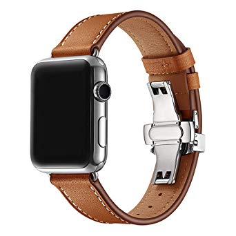 WAfeel Leather Band Compatible for IWatch Replacement Strap with Dual Button Butterfly Metal Clasp Sport Band Compatible for Apple Watch Series 4,3,2,Sport Edition (Brown, 38mm)