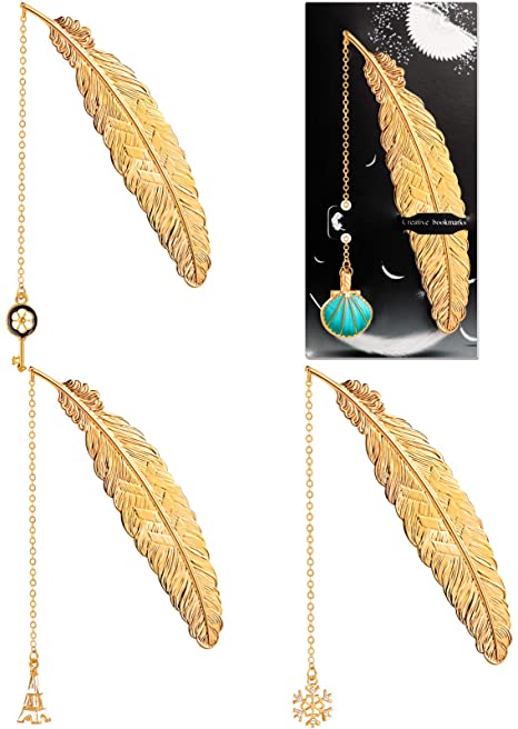 4 Pieces Metal Feather Pendant Bookmarks Gold Reading Page Markers Metal Bookmarks with Pendant Classical Feather Bookmarks Present for Teens Adults Friends Readers