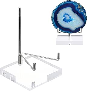 Hipiwe Clear Acrylic Display Stand Holder with Adjustable Metal Arms Display Easel Stands for Gemstones Fossils Minerals Agate Slabs Plates Crystals Saucers Collectibles, 3.1x3.1x4.9 inch