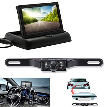 Backup Camera and Monitor Kit, Chuanganzhuo Portable Foldable 4.3 Inch Color LCD TFT Rearview Monitor Screen with Waterproof Vehicle Car Rear View Backup License Plate Camera