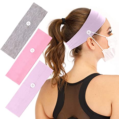 3 PACK Headbands with Buttons, Button Headband Head wrap Face Cover Holder for Nurses Women Men, Non slip Hair bands for Yoga Sports Running (gray, Light purple, Light pink)