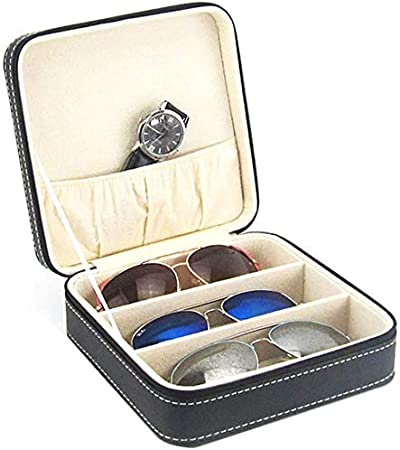 Olpchee Portable 3-Slot Glasses Storage Travel Sunglass Organizer Zipper Box Jewelry Leatherette Display Case Collector