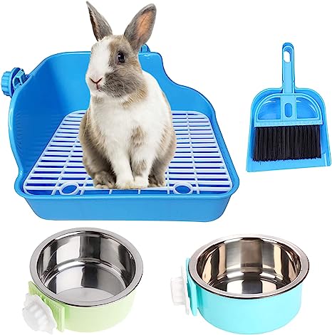 kathson Rabbit Litter Box, Bunny Corner Litter Pan, Pet Toilet Potty Trainer Bedding Box with Detachable Hanging Pet Cage Bowl for Rabbit Bunny Guinea Pig Ferrets Chinchilla(Blue)