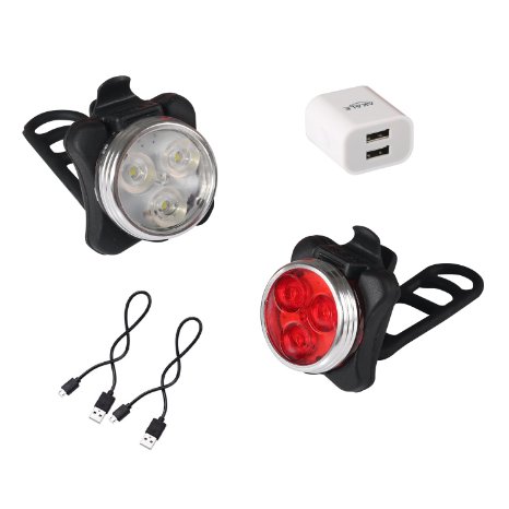 Akale Rechargeable Bike Light Set, Cycling Headlight and Taillight, 2 USB Cables 1 adapter Included, 4 Light Modes, 350lm, Water Resistant IPX4, Front and Rear Bicycle Light Set, Bike Lights