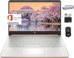 HP 2024 Premium 14" Micro-Edge Portable Laptop Student Business, Intel Quad-Core N4120, 4GB RAM, 192GB (128GB eMMC  64GB Card), WiFi, Windows 11S   1 Year Office 365, MarxsolAccessory Rose Gold