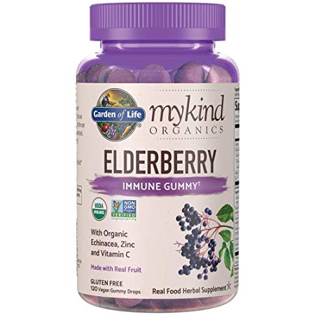 Garden of Life mykind Organics Elderberry Immune Gummy - 120 Real Fruit Gummies for Kids & Adults - Echinacea, Zinc & Vitamin C, No Added Sugar - Organic Non-GMO Vegan & Gluten Free Herbal Supplement