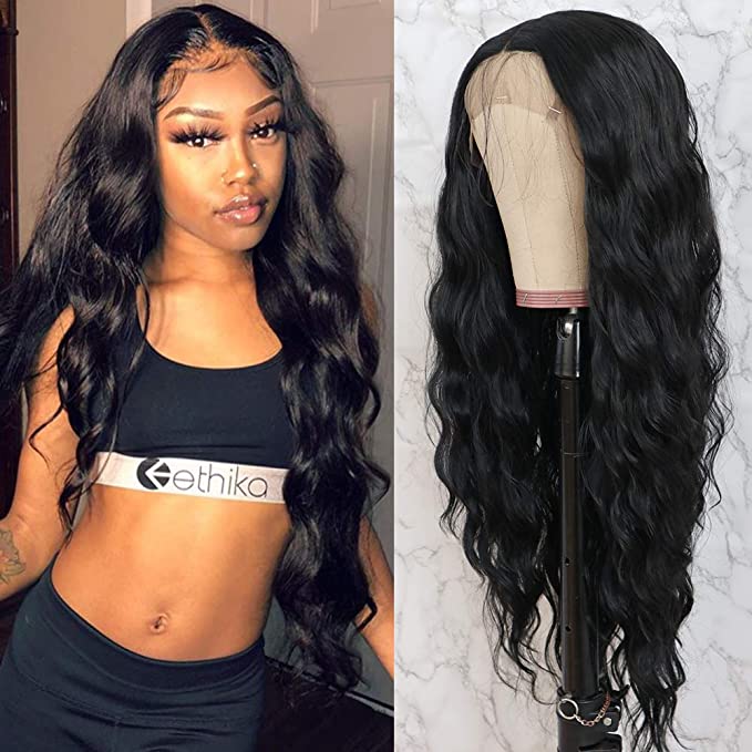 QD-Tizer Black Long Loose Curly Wave Lace Front Wigs with Baby Hair Heat Resistant Glueless Synthetic Lace Front Wigs for Fashion Women 28 inch