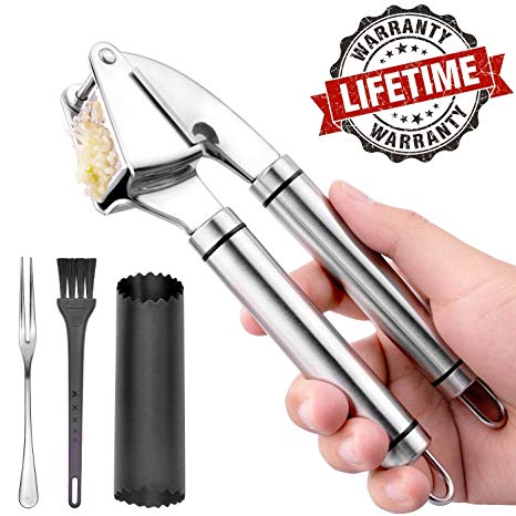 Garlic Press, Stainless Steel Peeler Mincer Crusher with Cleaning Set, Rusting-proof and Dishwasher Safe