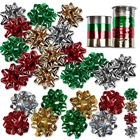 30 Christmas Gift Bows Self Adhesive   8 Rolls of Christmas Curling Ribbons By Gift Boutique