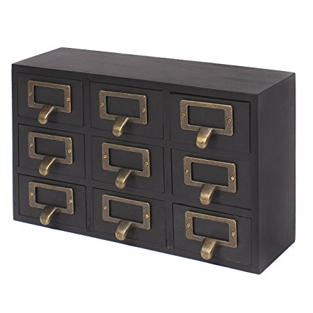 Kate and Laurel Desktop Solid Wood Apothecary Drawer Set, Includes 9 Drawers with Metal Label Holders, Rustic Black Finish