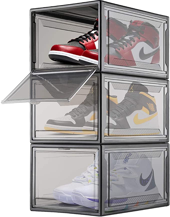 COAWG Shoe Box, Pack of 3 Stackable Shoe Organizer with Clear Door for Sneakers Collection, Plastic Shoe Storage Container for Size Up to US 14(Black)